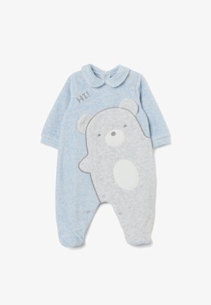 Combinaison en polaire bleue pour bébé avec un motif d'ours gris, col fermé et texte brodé "HI". Dispose de boutons-pression pour un habillage facile.