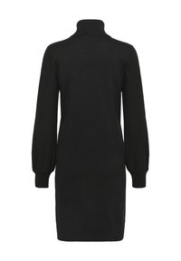 Fekete kötött ruha, turtleneck gallérral és ballon ujjal, bordázott részletekkel. Simasága és enyhén formára szabott szsilhouette-je van.