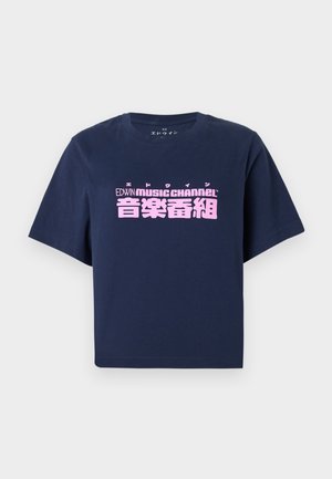 Navy blue short-sleeve t-shirt with pink text "EDWIN MUSIC CHANNEL" and Japanese characters centered on the front.