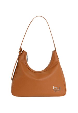 Borsa a tracolla in pelle marrone con una singola tracolla, chiusura con cerniera superiore e un piccolo logo argentato "byblos" sulla parte anteriore in basso a destra.