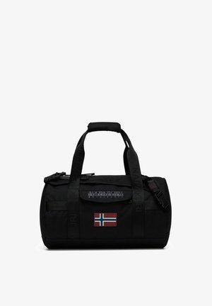 Musta duffel-laukku säädettävillä hihnoilla, jossa on Norjan lipun merkki ja logotunnus. Valmistettu kestävästä, teksturoidusta kankaasta.