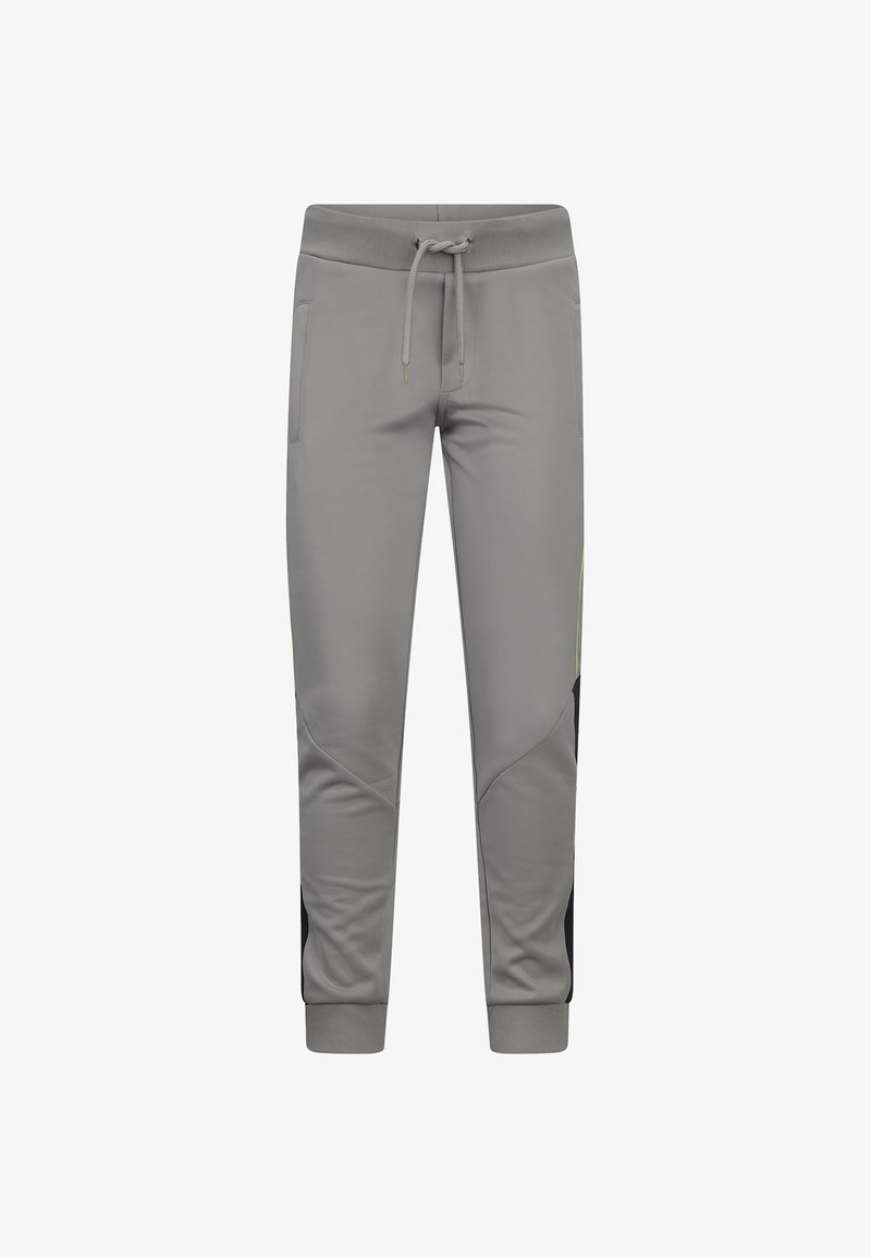 Graue Sporthose aus leichtem Material, mit einem Kordelzugbund, Seitentaschen und schwarzen sowie grünen Akzenten an den Seiten.