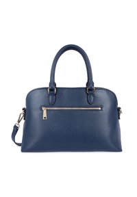 Borsa a mano in pelle blu navy con texture a granuli, caratteristiche due manici superiori, una tracolla rimovibile e una tasca frontale con zip e dettagli in oro.