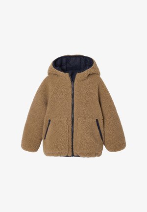 Fleecegefütterte Jacke in Beige mit Kapuze, ausgestattet mit einem Reißverschluss, zwei Vorderaschen und kontrastierenden dunkelblauen Akzenten. Weicher Stoff.