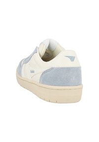 White and light blue sneakers, featuring a suede and leather combination, padded collar, textured rubber sole, and blue logo accents.