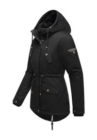 Black parka jacket made of soft material, featuring a hood, drawstring waist, side pockets, and logo detail. Accents in rose gold.