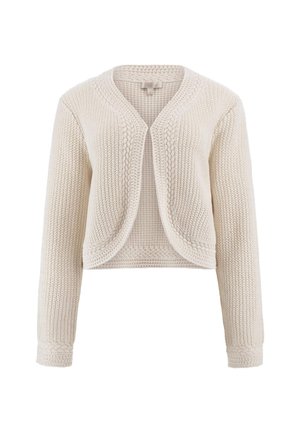 Cardigan all'uncinetto, colore crema, apertura frontale, maniche lunghe, maglia testurizzata con dettagli intrecciati lungo i bordi e i polsini. Lunghezza corta.