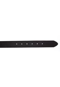 Cintura in pelle nera, design piatto, punta appuntita, cinque fori equidistanti per la regolazione, superficie liscia e aspetto minimalista.
