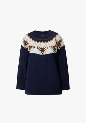 Der marineblaue Strickpullover verfügt über ein weißes und beige Hirschmuster am Halsauschnitt sowie ein geripptes Bündchen und Ärmelabschlüsse.