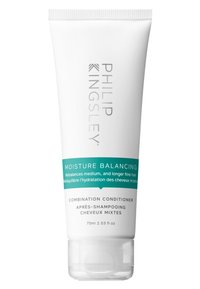 Weißes Röhrchen mit einer silbernen Kappe; mit schwarzem Text und einem türkisfarbenen Streifen beschriftet "Feuchtigkeitsausgleichend." Enthält 75 ml Kombinations-Conditioner.