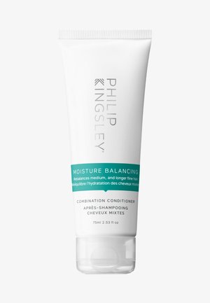 Weißes Röhrchen mit einer silbernen Kappe; mit schwarzem Text und einem türkisfarbenen Streifen beschriftet "Feuchtigkeitsausgleichend." Enthält 75 ml Kombinations-Conditioner.
