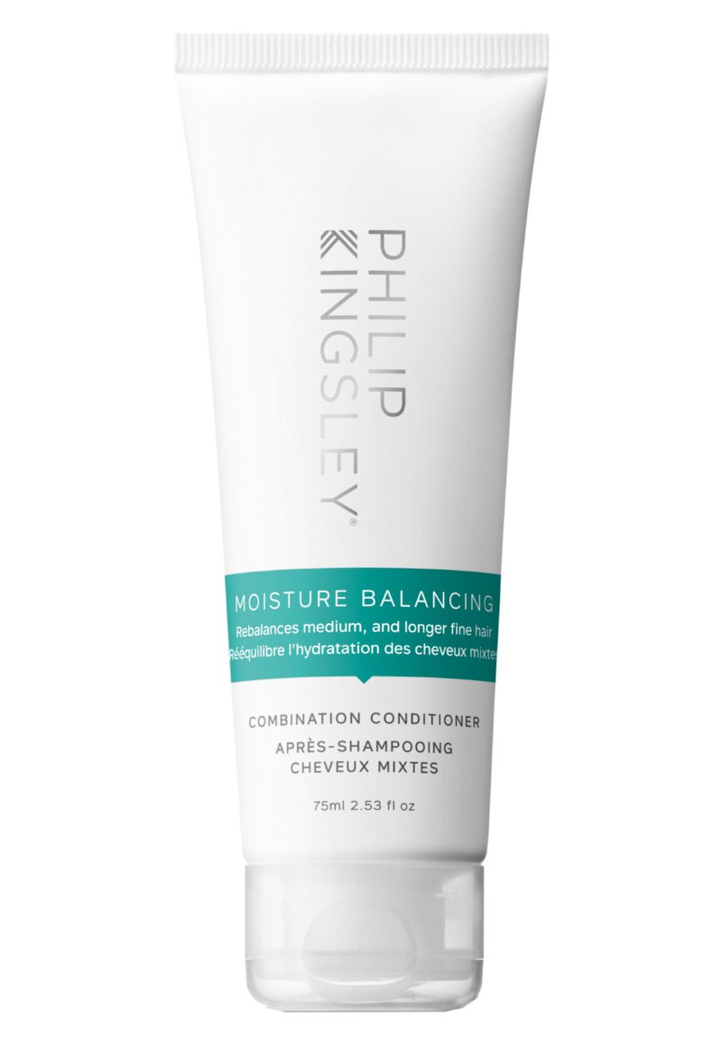 Weißes Röhrchen mit einer silbernen Kappe; mit schwarzem Text und einem türkisfarbenen Streifen beschriftet "Feuchtigkeitsausgleichend." Enthält 75 ml Kombinations-Conditioner.