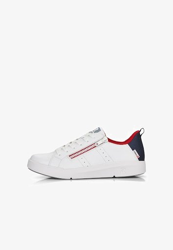 Baskets blanches avec une finition en cuir lisse, dotées d'un col de talon en textile rouge et marine, de lacets blancs et de zips décoratifs sur les côtés.