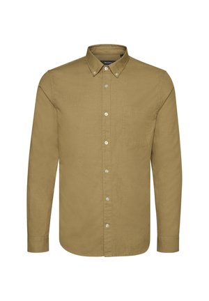 Langarm-Hemd aus olivgrünem Stoff mit einer Brusttasche, abgerundetem Saum und weißen Knöpfen. Glatte Textur und taillierte Passform.