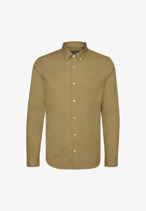 Camicia button-down a maniche lunghe in tessuto verde oliva, con taschino sul petto, orlo arrotondato e bottoni bianchi. Tessuto liscio e vestibilità aderente.