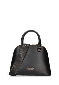 Borsa a tracolla in pelle nera con manici rotondi, chiusura con zip e tracolla removibile con logo in rilievo. Accenti in metallo dorato.