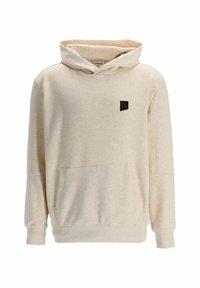 Sweat à capuche beige texturé avec poche kangourou à l'avant, capuche, poignets et ourlet côtelés, et petit logo carré noir sur le côté gauche de la poitrine.