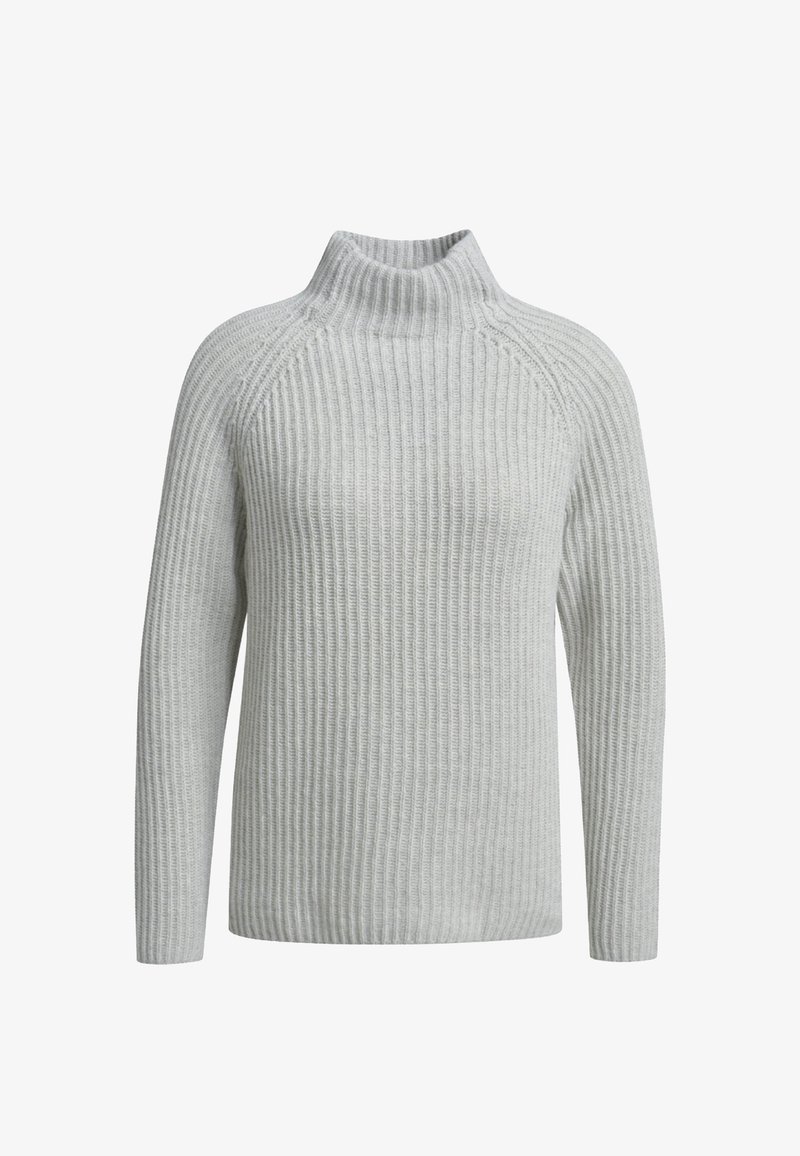 Hellgrauer, gerippter Strickpullover mit hohem Kragen, langen Ärmeln und lässiger Passform. Verfügt über dezente horizontale Muster und eine strukturierte Oberfläche.