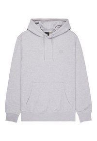Hellgrauer Pullover-Hoodie mit Kängurutasche vorne, verstellbarer Kapuze mit Zugband und dezent auf der Brust gesticktem Logo.