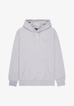 Hellgrauer Pullover-Hoodie mit Kängurutasche vorne, verstellbarer Kapuze mit Zugband und dezent auf der Brust gesticktem Logo.