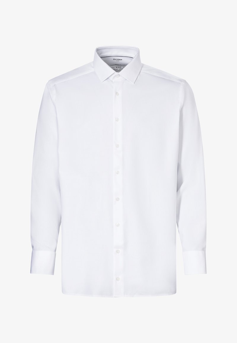 Camicia bianca a maniche lunghe con colletto classico, apertura con bottoni e polsini con bottoni. Tessuto liscio con una trama pulita e uniforme.