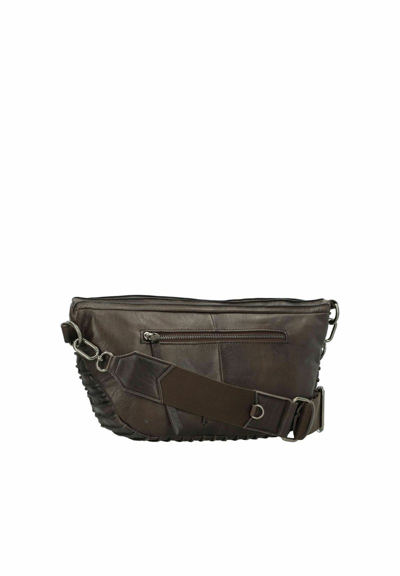 Sac banane en cuir marron foncé avec poche avant zippée et large sangle en tissu réglable avec crochets et boucle en métal.