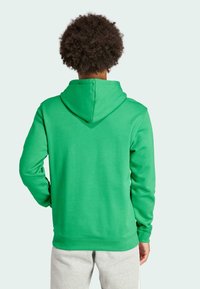Sudadera verde con capucha ajustable y puños acanalados. Confeccionada en tela suave, con una textura lisa y un color sólido.