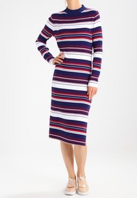 Abito in maglia con strisce verticali blu navy, bianche e rosse, caratterizzato da un collo alto e maniche lunghe. Indossato con scarpe di colore chiaro.