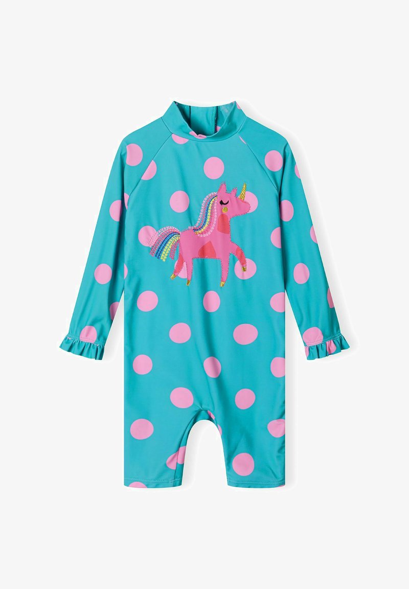 T-shirt de rash en turquoise à pois roses, manches longues, poignets volants et un graphique de licorne rose avec une crinière et une corne arc-en-ciel.