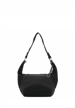 Borsa a spalla in tessuto nero con design curvo, texture liscia, tracolla regolabile e un pannello opaco a contrasto sul davanti.