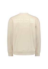 Beige sweatshirt met lange mouwen, ronde hals en geribbelde manchetten. Bevat witte gedrukte tekst en strepen op de achterkant. Zachte stoftextuur.