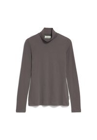 Langärmliges Rollkragenshirt in Dunkelgrau, aus weichem Stoff mit lockerer Passform, verfügt über einen hohen Kragen und keine sichtbaren Muster oder Akzente.