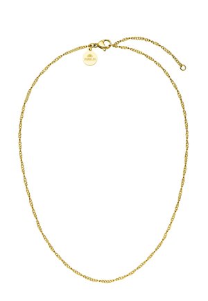 Delicate gouden ketting met kleine, in elkaar grijpende schakels en een ronde sluiting met het gegraveerde woord "PURELEI".