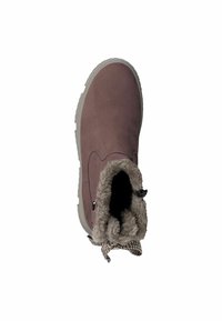 Botte de cheville en suède marron avec une doublure en fourrure grise texturée, bout rond et semelle en caoutchouc grise. Fermée par un cordon au col.