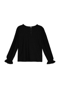 Blusa negra de manga larga, tela texturizada, escote redondo con cierre de botón, puños fruncidos con detalles de volantes, ajuste relajado.