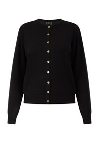Cardigan nero realizzato in morbido materiale, con maniche lunghe, scollo rotondo e bottoni dorati sul davanti, con orlo e polsini a coste.