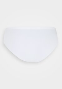 White cotton brief with a smooth, matte finish. Features an elastic waistband and seamless edges. Simple, minimalistic design.