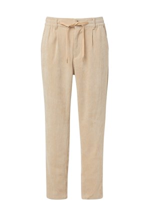 Beige corduroy broek met een relaxte pasvorm, elastische tailleband en trekkoord. Heeft een verticale ribbeltextuur en taps toelopende pijpen.