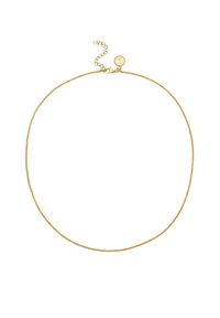 Eine goldfarbene Halskette mit einer feinen, strukturierten Kette, einem Karabinerverschluss und einem verstellbaren Verlängerungselement zur Anpassung der Länge.