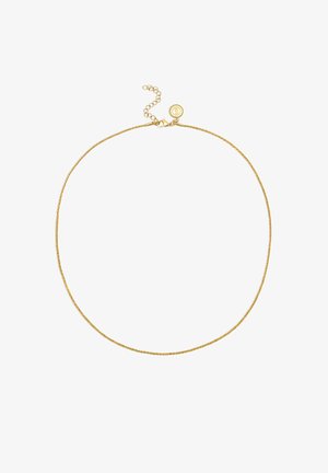 Gold-toned necklace featuring a fine, textured chain with a lobster clasp and an adjustable extender for length customization.