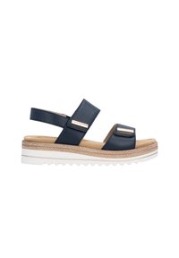 Navy blue leather sandals with two wide straps and metal accents. Elevated white sole with a textured natural cork-like midsole.