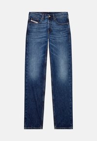 Blue denim jeans with a straight fit, faded front, five pockets, classic stitching, and brass hardware. The fabric has a soft, textured finish.