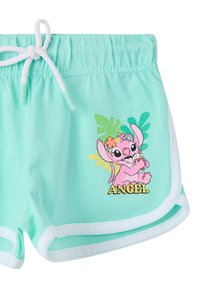 Shorts verde menta chiaro con rifiniture bianche, caratterizzati da un personaggio dei cartoni animati rosa che tiene un gelato e dalla scritta "ANGEL" sulla parte frontale.