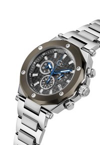 Silver stainless steel watch with octagonal bezel, black textured dial, blue chronograph hands, and linked metal bracelet; date display at 6 o'clock.