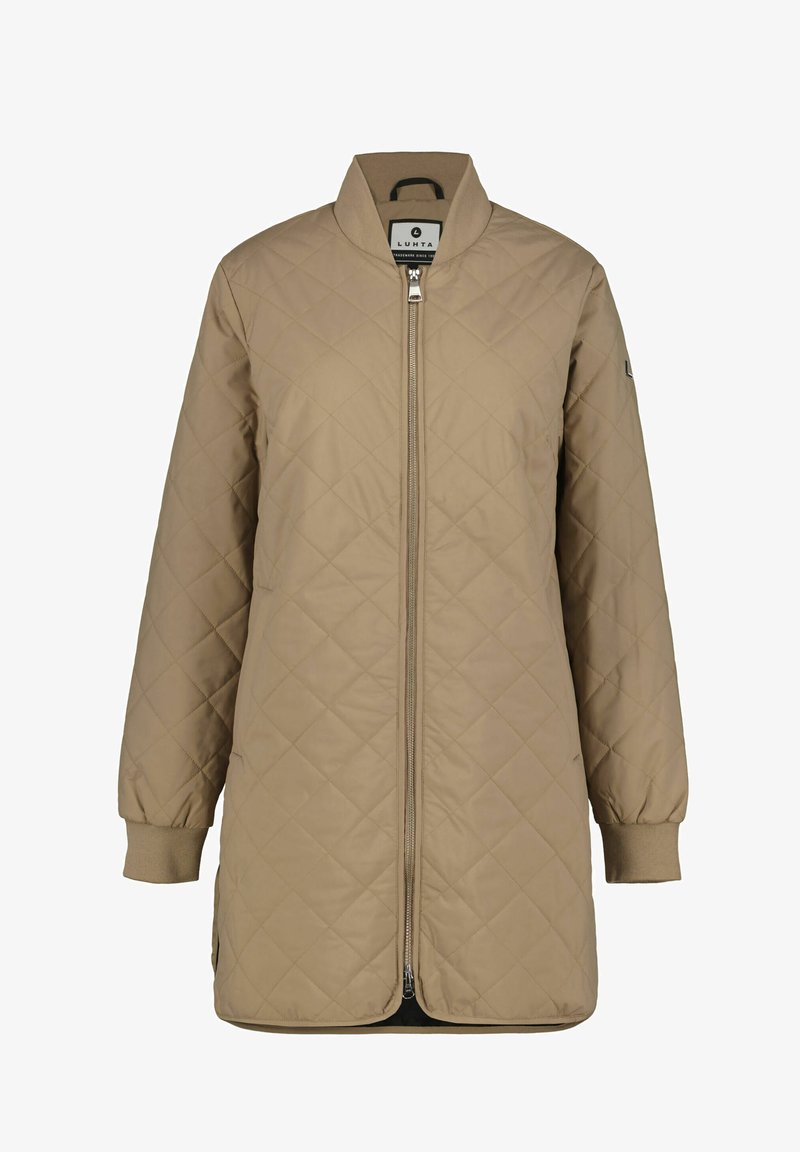 Beige quiltet lang jakke med fuld lynlås foran, ribstrikkede manchetter og en ståkrave, designet til koldt vejr.