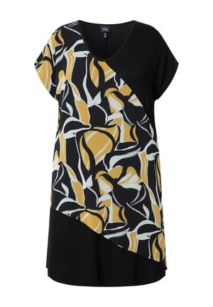 Zwart tuniek met korte mouwen en een abstract mosterdgeel en wit bloemenpatroon diagonaal over de voorkant en een asymmetrische zoom.
