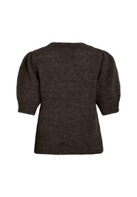 Kolgrå, stickad tröja med korta puffärmar, rund halsringning och ribbad nederdel och ärmslut. Mjuk, strukturerad tyg.