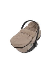 Beige autostoeltje voor baby's met een zachte, gewatteerde fleece voering, een zwarte handgreep en een ritssluiting. Rond model met contourondersteuning.