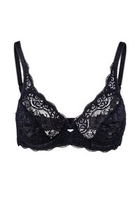 Černá krajková podprsenka s květinovým vzorem, průhlednými košíčky, nastavitelnými ramínky a ozdobným průstřihem uprostřed vpředu. Jemný povrch a složité detaily.