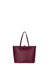Borsa tote in pelle borgogna con due manici, forma rettangolare, texture liscia e chiusura centrale a linguetta.